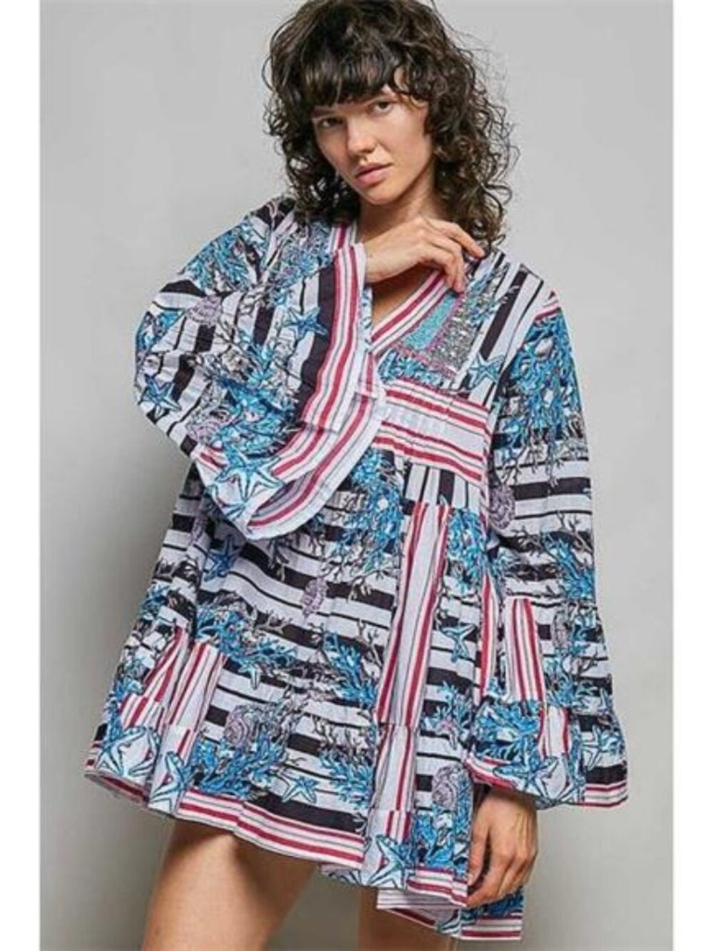 POL Striped Floral Long Sleeve Mini Dress with Pintuck Detail - Picture 2 of 7
